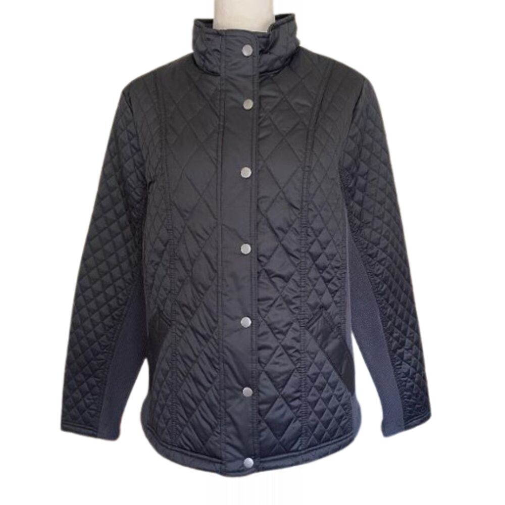 AVA & VIV Black Diamond Quilted Full Zip Snap-Front Jacket 1X
